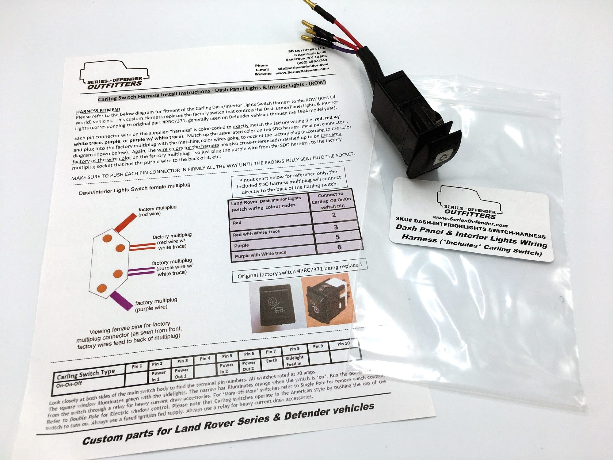 Defender Dash Panel & Interior Lights Wiring Harness (*includes* Carling Switch & Multiplug) - for Land Rover 90/110/130