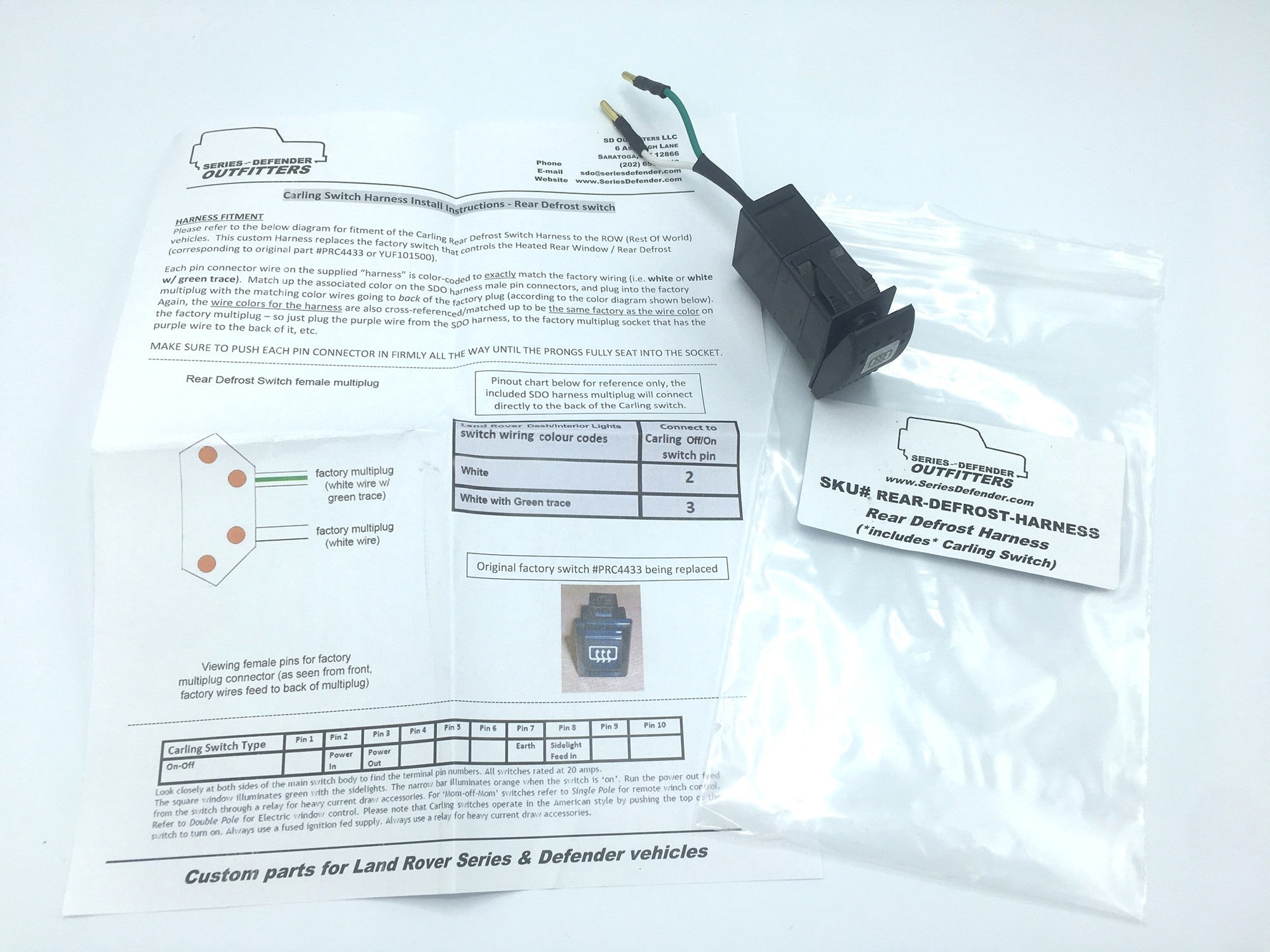 Defender Rear Defrost Switch Wiring Harness (*includes* Carling Switch & Multiplug) - for Land Rover 90/110