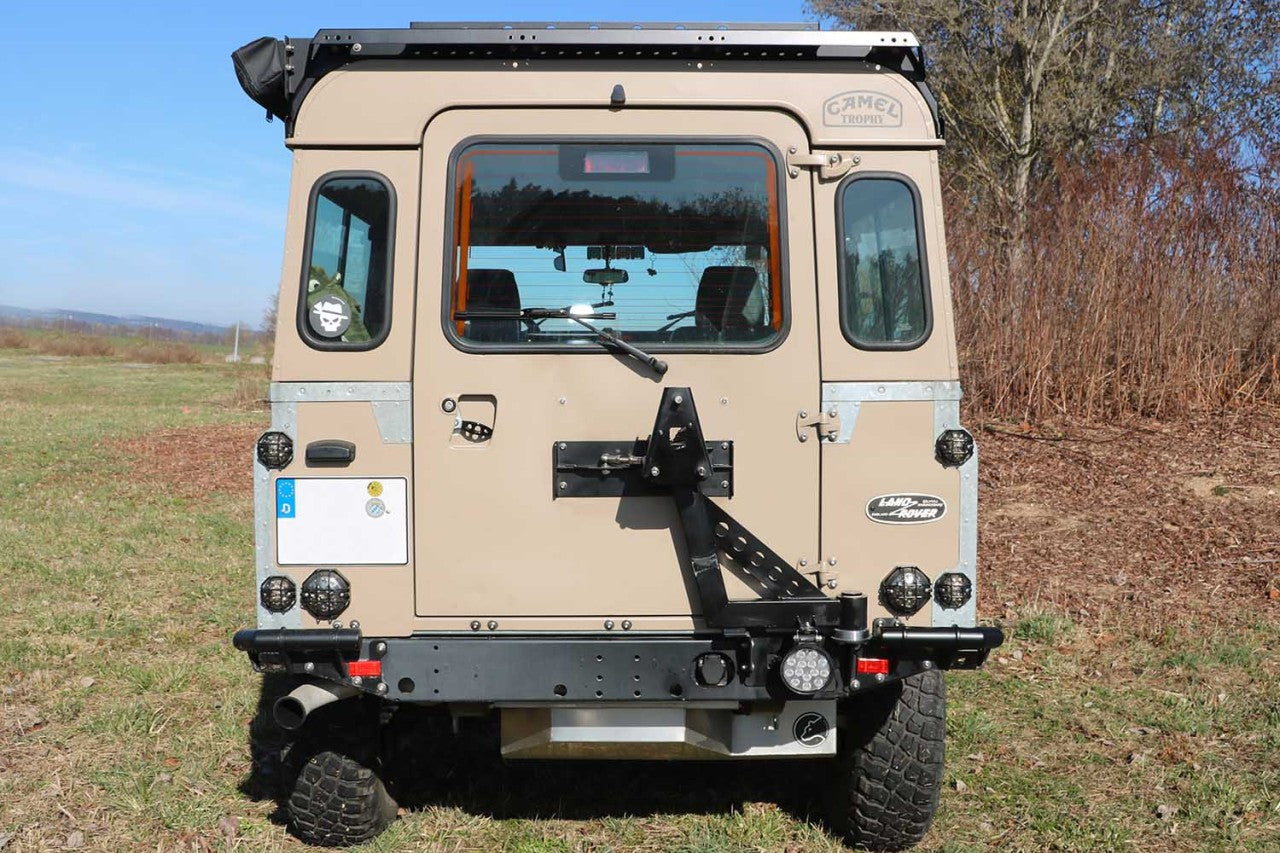 Defender Station Wagon Swing Away Tire Carrier (stainless steel & black powdercoated) - for Land Rover 90/110