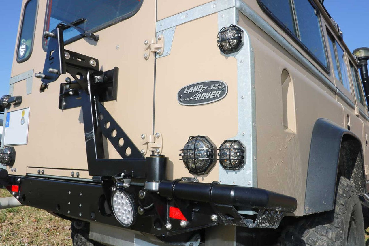 Defender Station Wagon Swing Away Tire Carrier (stainless steel & black powdercoated) - for Land Rover 90/110
