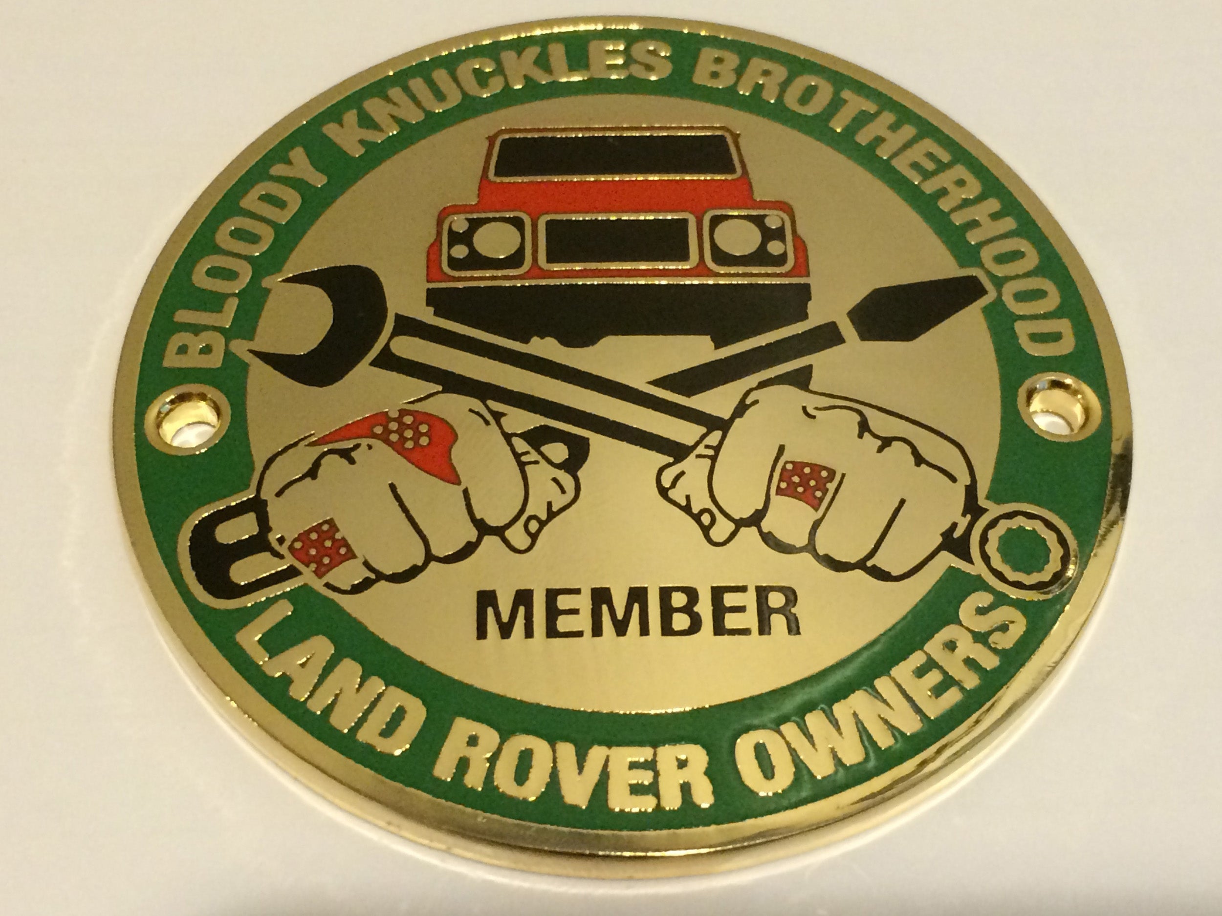 "Bloody Knuckles Brotherhood: Member" Round 3-inch Metal Grille Badge