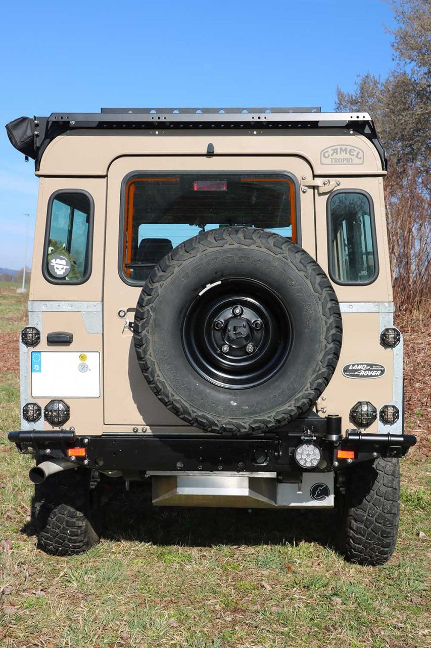 Defender Station Wagon Swing Away Tire Carrier (stainless steel & black powdercoated) - for Land Rover 90/110